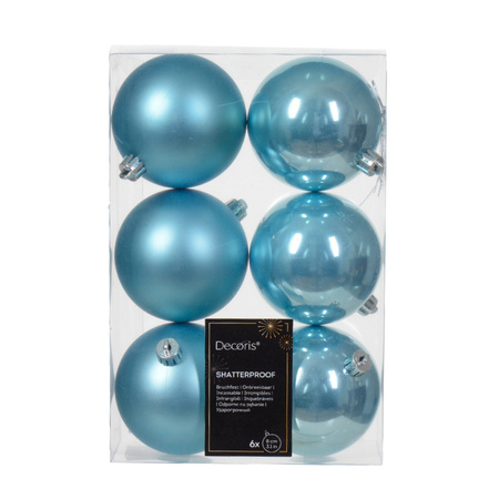 Decoris kerstballen - 6x - kunststof - ijs blauw - 8 cm