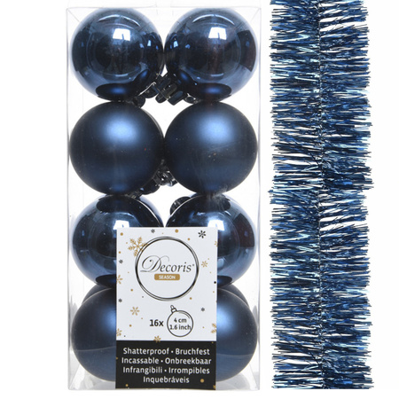 Decoris kerstballen en kerstslinger 17x stuks donkerblauw kunststof
