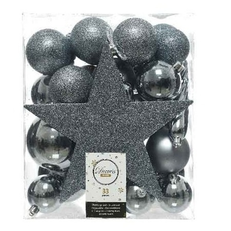 33x Grey blue Christmas baubles with startopper 5-6-8 cm plastic