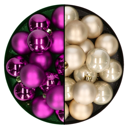 Decoris -kleine kerstballen 32x stuks - mix champagne en paars - 4 cm - kunststof
