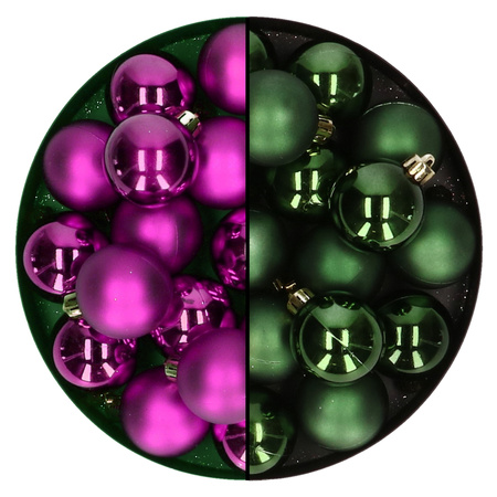 Decoris -kleine kerstballen 32x stuks - mix donkergroen en paars - 4 cm - kunststof