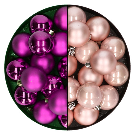 Decoris - kleine kerstballen 32x stuks - mix lichtroze en paars - 4 cm - kunststof