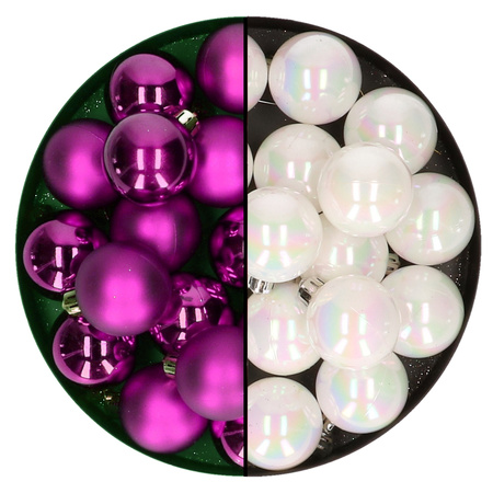 Decoris - kleine kerstballen 32x stuks - mix parelmoer wit en paars - 4 cm - kunststof
