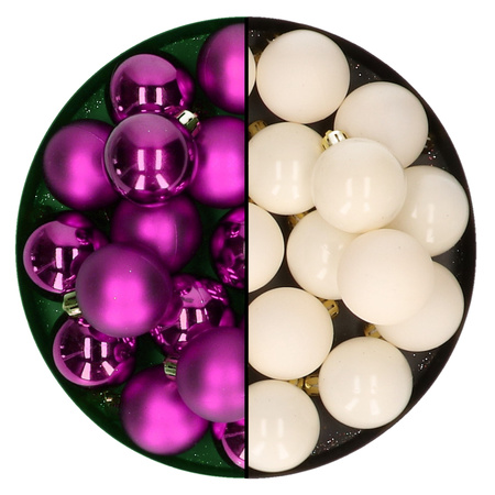 Decoris - kleine kerstballen 32x stuks - mix wol wit en paars - 4 cm - kunststof
