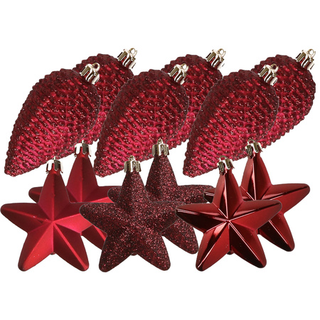 Dennenappels en sterren kerstornamenten - 12 stuks - kunststof - donkerrood