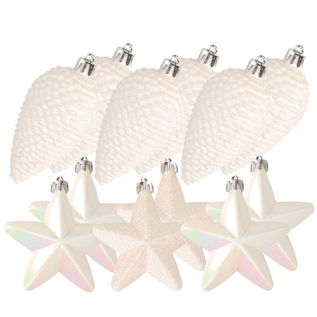 Dennenappels en sterren kerstornamenten - 12 stuks - kunststof - parelmoer