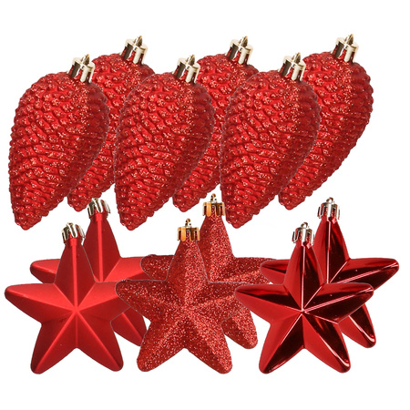 Dennenappels en sterren kerstornamenten - 12 stuks - kunststof - rood