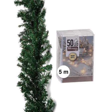 Green pine garland 270 cm including warm white christmas lights