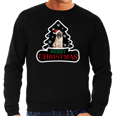 Dieren kersttrui mopshond zwart heren - Foute honden kerstsweater