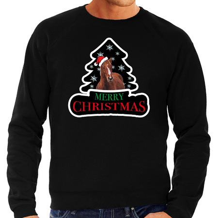 Dieren kersttrui paard zwart heren - Foute paarden kerstsweater