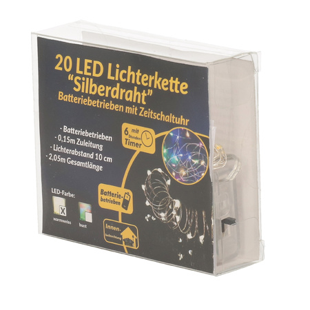 Draadverlichting zilver met gekleurde LED lampjes 2 meter op batterijen met timer