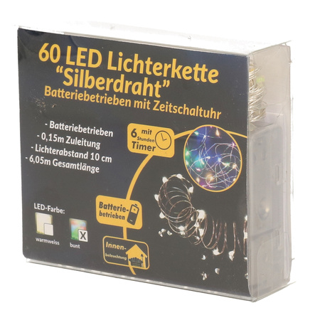 Draadverlichting zilver met gekleurde LED lampjes 6 meter op batterijen met timer
