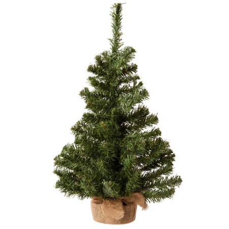 Mini Christmas tree green with string lights - jute bag - H60 cm - black/grey