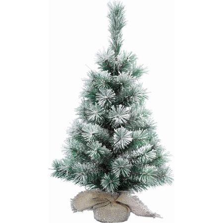 Kunst kerstboom met sneeuw 60 cm in jute zak inclusief 50 warm witte lampjes
