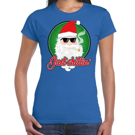 Fout kerst shirt just chillin stoere santa blauw voor dames