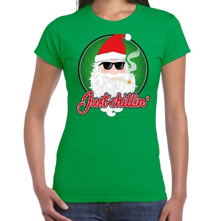 Fout kerst shirt just chillin stoere santa groen voor dames