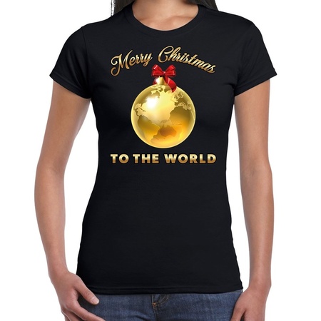 Black Christmas t-shirt Merry Christmas to the world gold women