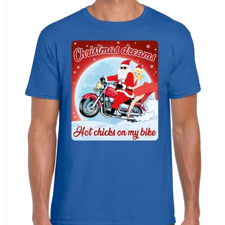 Fout kerst shirt voor motorliefhebbers hot chicks blauw heren