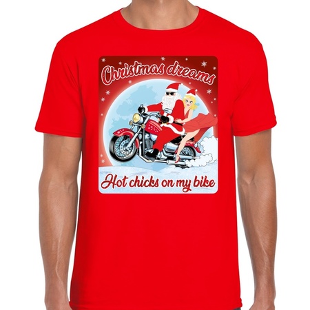 Fout kerst shirt voor motorliefhebbers hot chicks rood heren