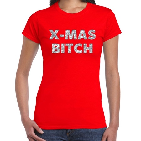 Red Christmas t-shirt x-mas bitch silver women