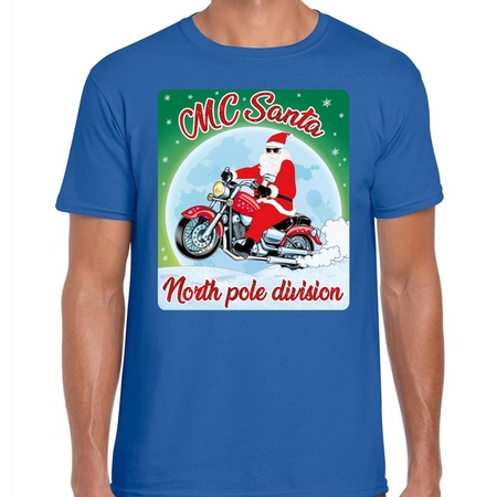 Fout kerst t-shirt MC Santa voor motorliefhebbers blauw heren