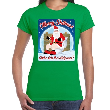 Fout kerst t-shirt merry shitmas toiletpaper groen voor dames