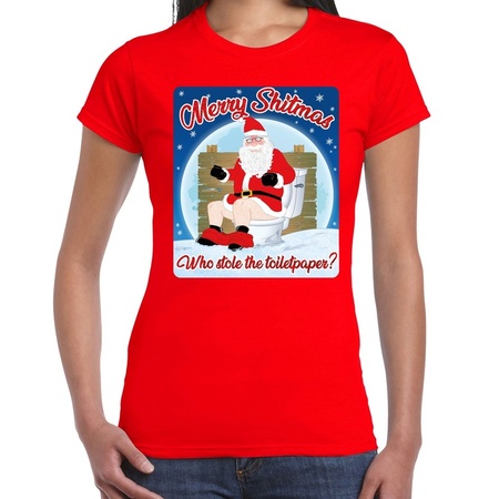 Fout kerst t-shirt merry shitmas toiletpaper rood voor dames