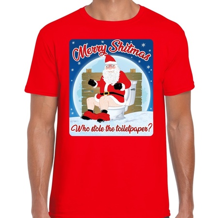 Fout kerst t-shirt merry shitmas toiletpaper rood voor heren
