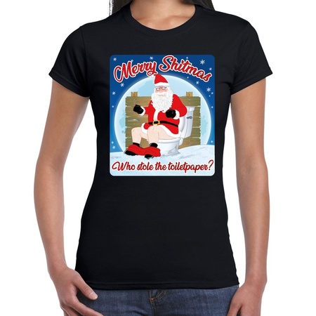Fout kerst t-shirt merry shitmas toiletpaper zwart voor dames