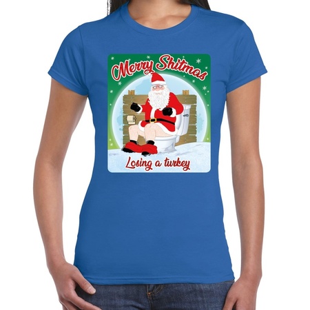 Fout kerst t-shirt merry shitmas turkey blauw voor dames