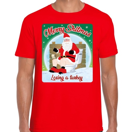 Fout kerst t-shirt merry shitmas turkey rood voor heren