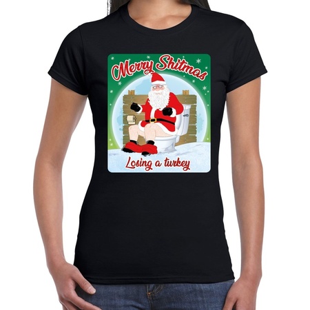 Fout kerst t-shirt merry shitmas turkey zwart voor dames