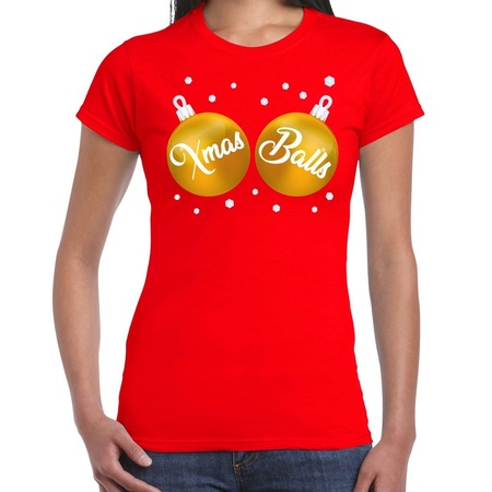 Christmas t-shirt red with golden Xmas balls for women