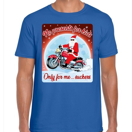 Fout kerst t-shirt voor motorliefhebbers no presents blauw heren