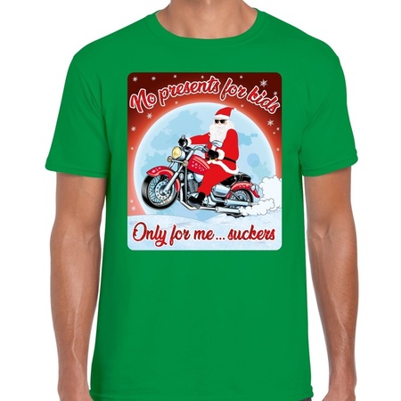 Fout kerst t-shirt voor motorliefhebbers no presents groen heren