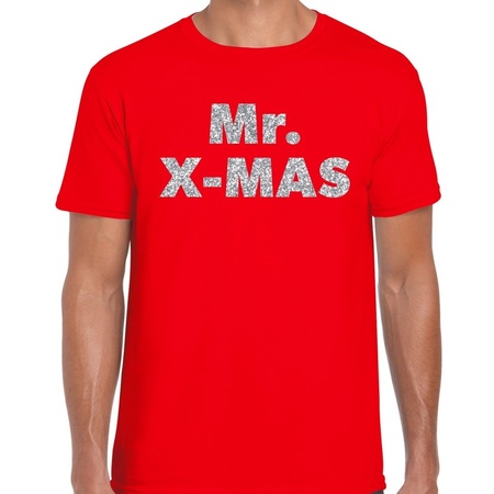 Foute Kerst t-shirt Mr X-mas zilver glitter / rood heren