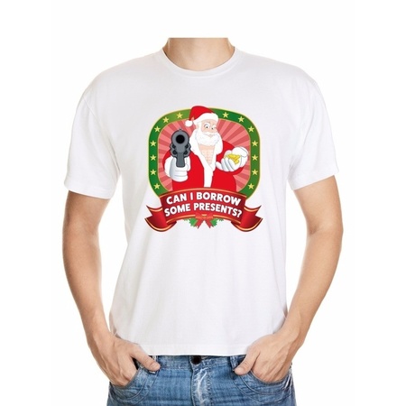 Foute Kerst t-shirt wit can I borrow some presents voor heren