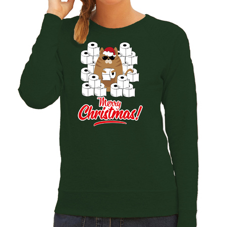 Foute Kerstsweater / outfit met hamsterende kat Merry Christmas groen voor dames