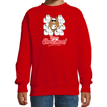 Foute Kerstsweater / outfit met hamsterende kat Merry Christmas rood voor kinderen