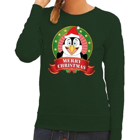 Foute kersttrui groen Merry Christmas pinguin voor dames
