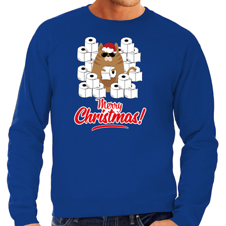 Christmas sweater with a hoarding cat blue for men