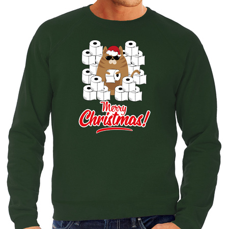Christmas sweater with a hoarding cat green for men