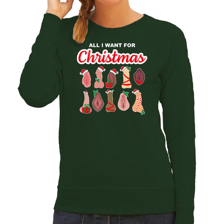 Foute kersttrui/sweater dames - All I want for Christmas - piemel/vagina - groen