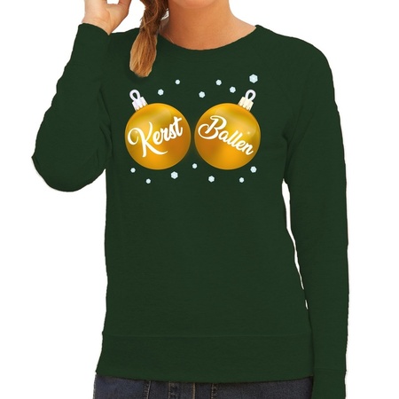 Christmas sweater green with golden Kerst Ballen for women