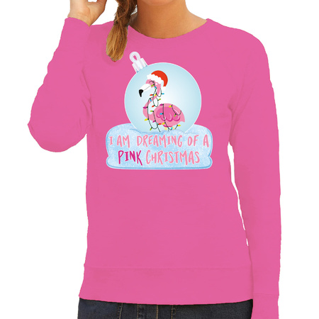 Foute kersttrui/sweater voor dames - flamingo in kerstbal - roze - pink Christmas