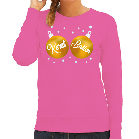 Foute kersttrui/sweater voor dames - kerstballen - roze - gouden ballen - kerst bal