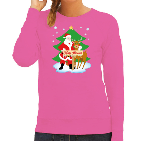 Christmas jumper/sweater for women - Santa and rudolf - pink - Merry Christmas