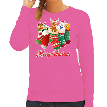 Foute kersttrui/sweater voor dames - kerstsokken - roze - kerstdieren - rudolf