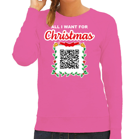Foute kersttrui/sweater voor dames - QR code - you naked/jij naakt - roze - kerstsweater