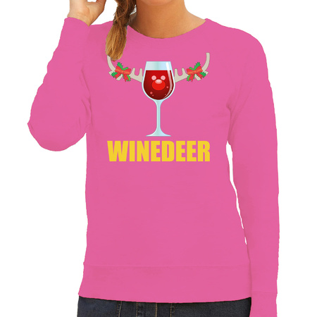 Foute kersttrui/sweater voor dames - winedeer - roze - wijn - rendier - kerstmis